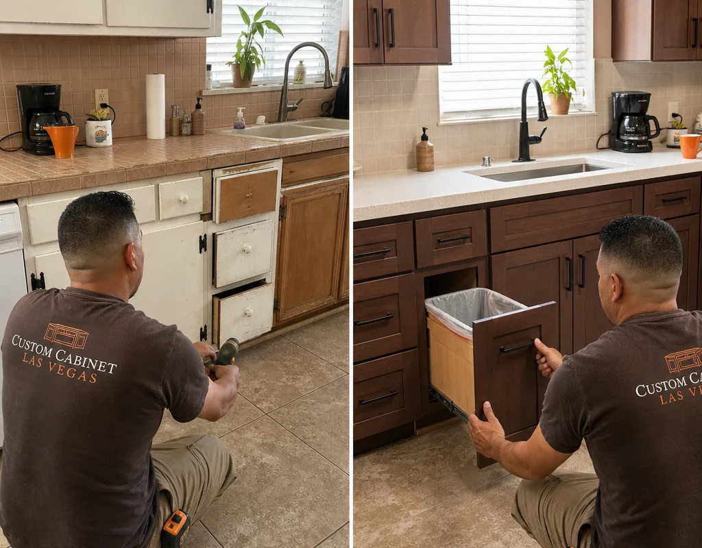 Before-and-after comparison of older mismatched cabinets and a new installation with drawer bases and a trash pull-out