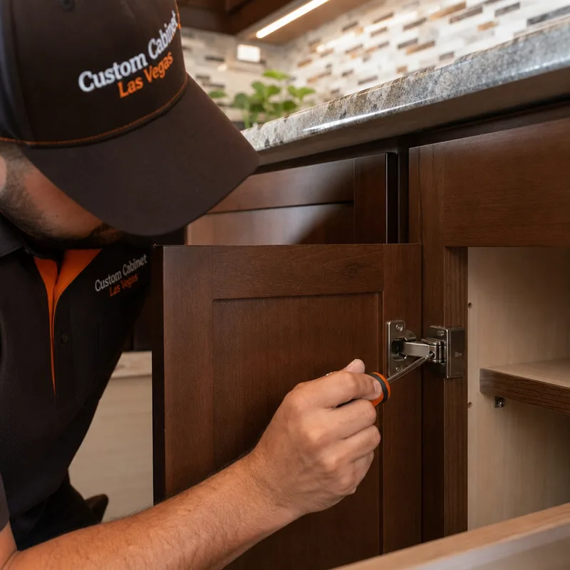 Close-up of a soft-close hinge and cabinet door showing even reveals and flush alignment