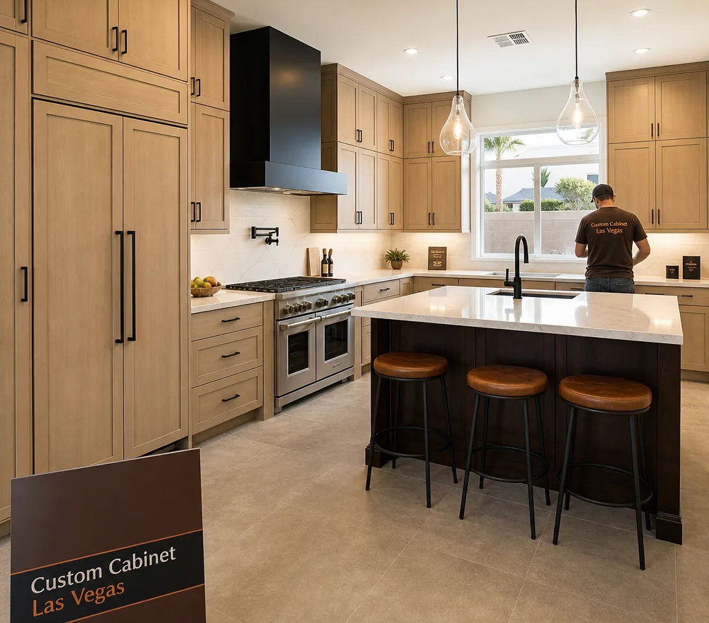 Finished Las Vegas kitchen with newly installed cabinets, clean reveals, and consistent door alignment