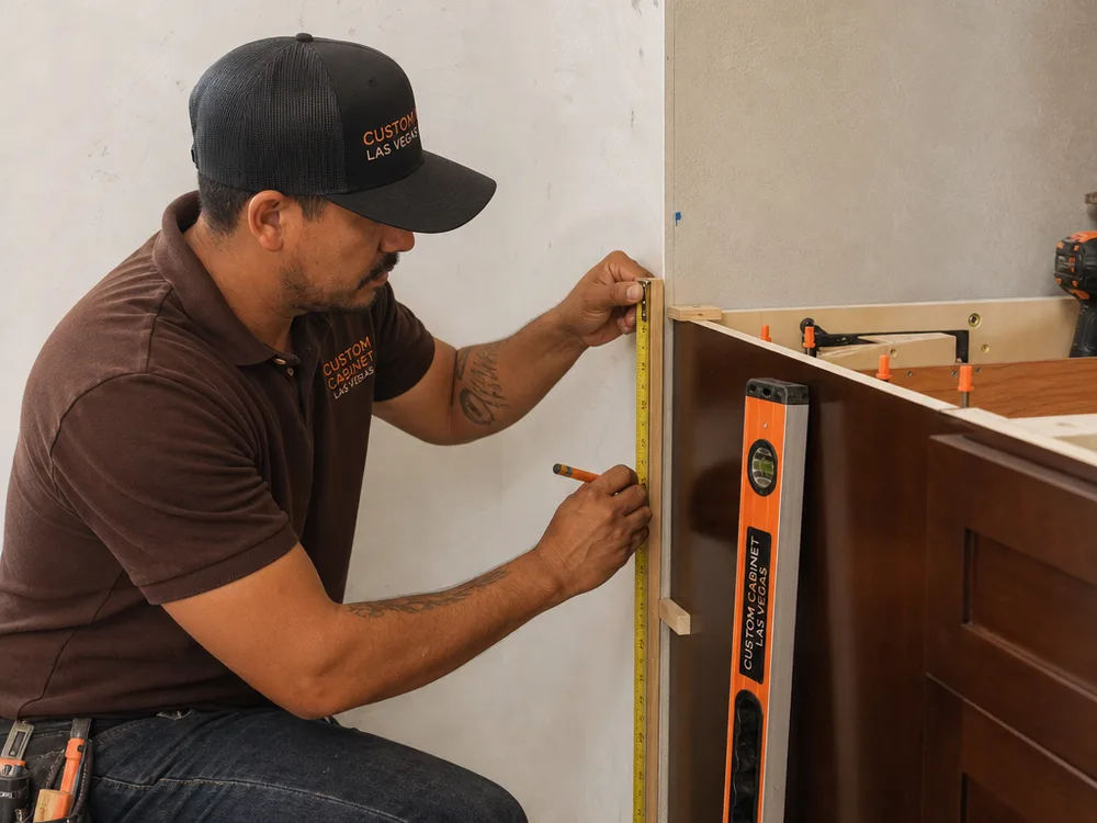 Installer measuring and scribing a cabinet filler against an uneven wall using shims and a level
