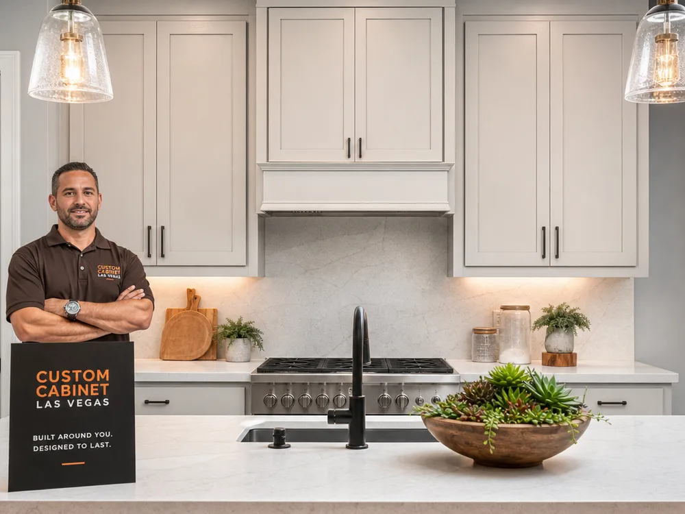Finished kitchen with a clean Shaker cabinet run, consistent crown alignment, and centered range hood cabinetry