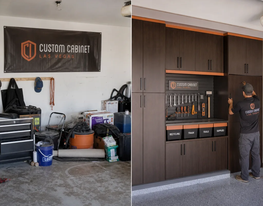 Before-and-after comparison of a cluttered garage wall and a built-to-fit cabinet system with tall lockers and upper cabinets