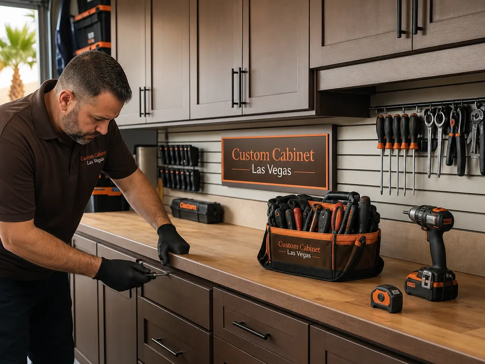 Garage cabinet run with upper and base cabinets, an integrated workbench, and organized tool storage