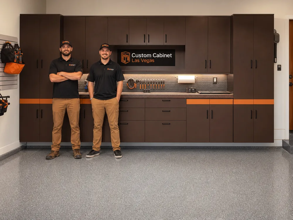 Two-car garage with a long cabinet run, centered workbench, clear parking space, and organized closed storage