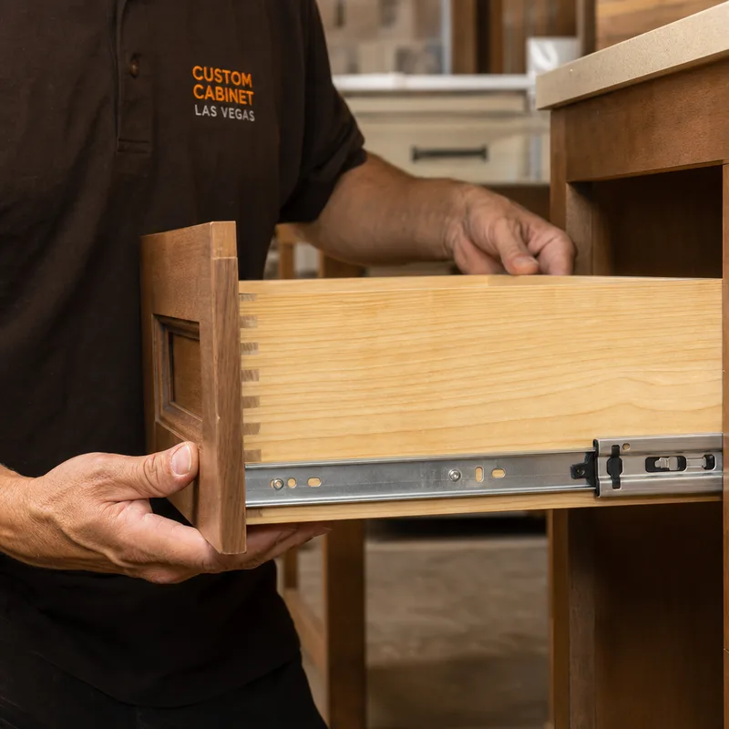 Close-up of a soft-close drawer box and slide hardware with smooth alignment