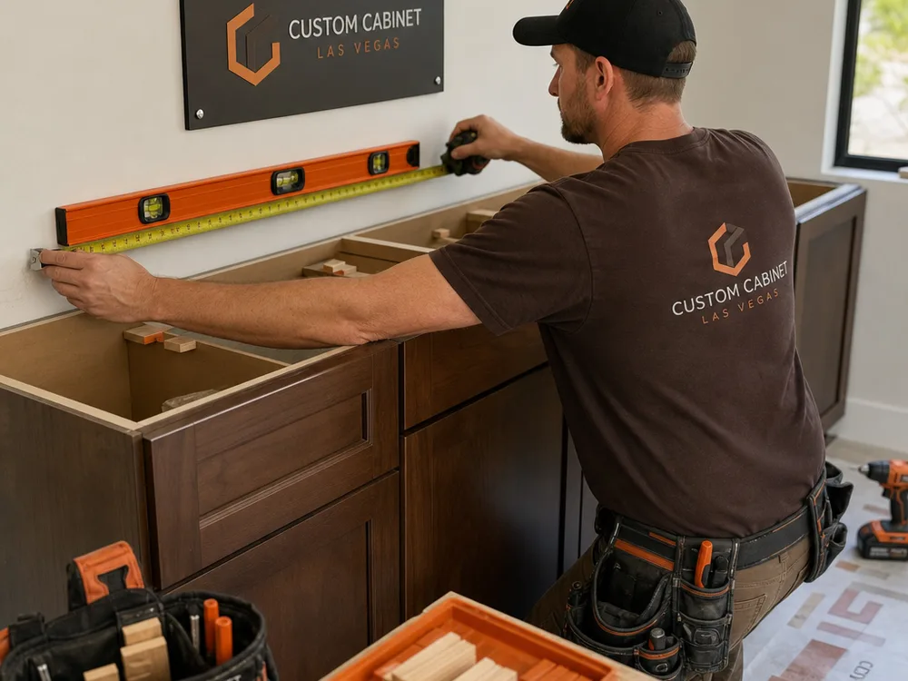 Installer measuring a wall-to-wall cabinet run with a tape and level