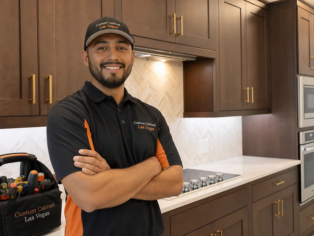 Finished kitchen cabinet wall with consistent reveals, trim details, and aligned hardware