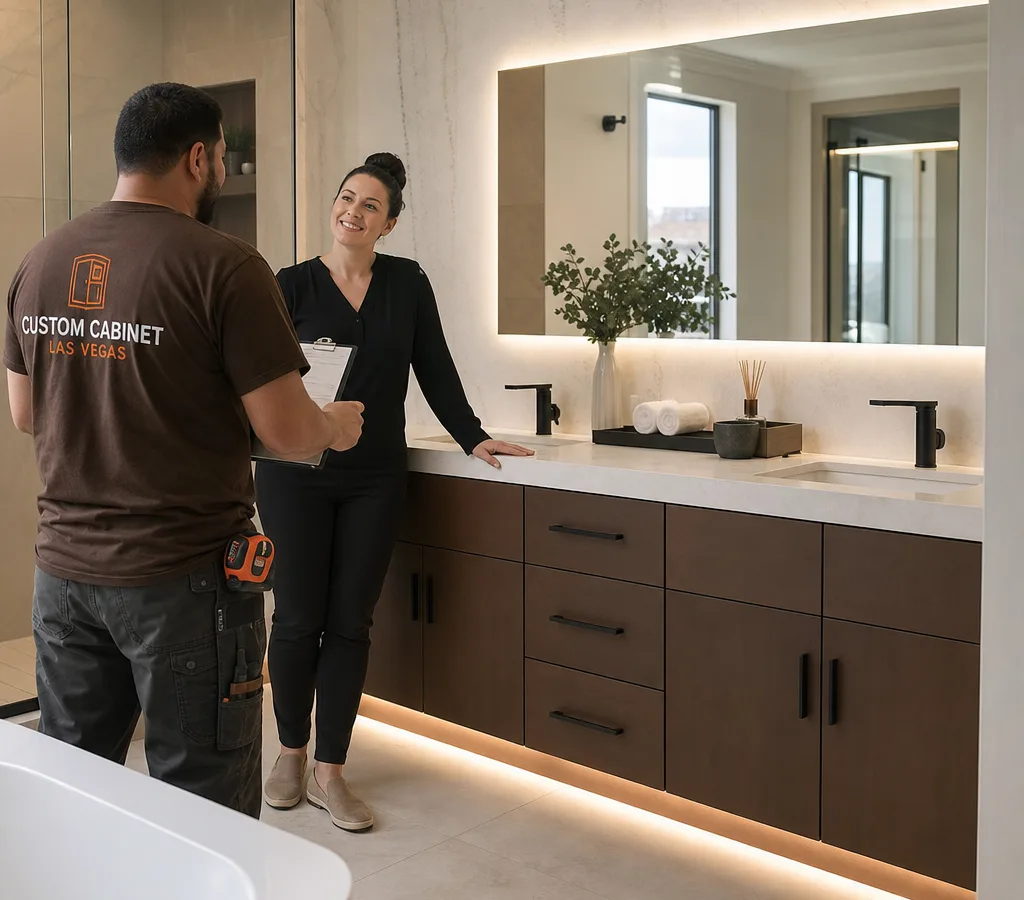 Finished Las Vegas bathroom vanity with custom cabinets, aligned doors and drawers, tight countertop reveals, and toe-kick lighting