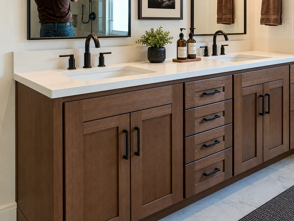 Modern double-sink bathroom vanity with centered drawer bank, matching side drawer stacks, and clean end-panel detailing
