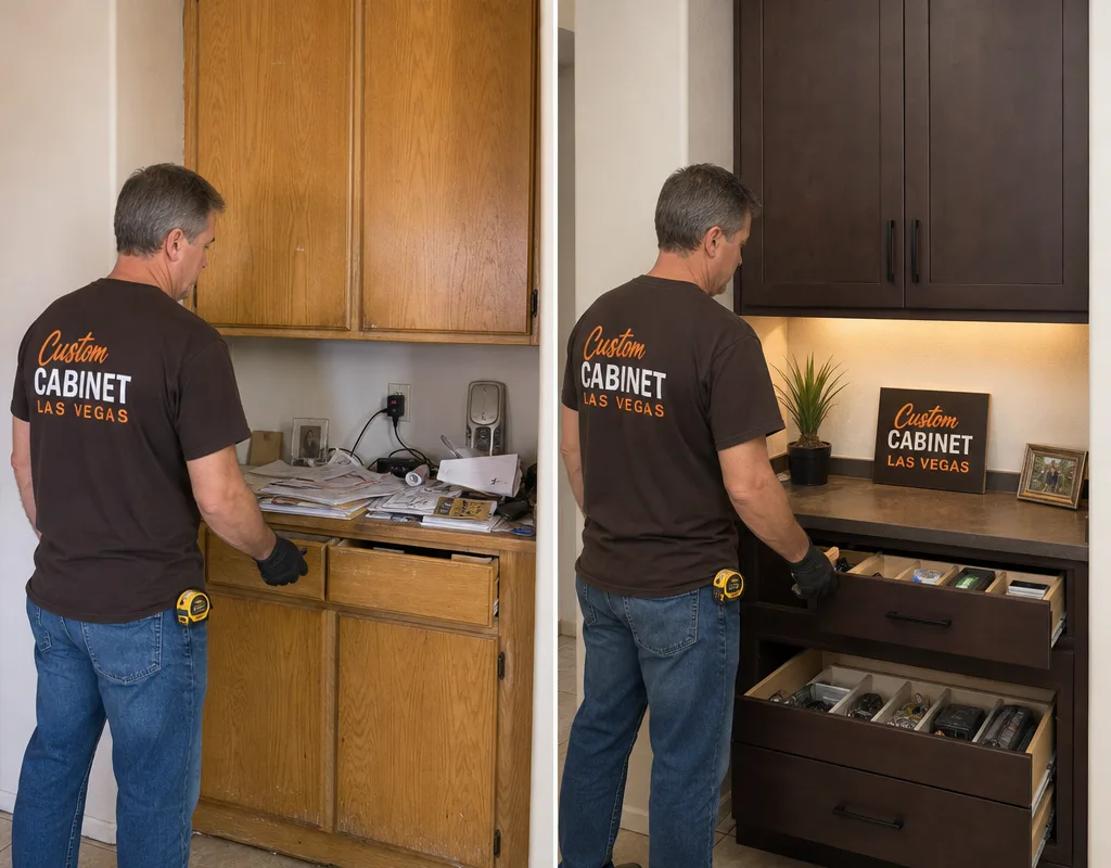 Before-and-after comparison showing an older cabinet layout and a new custom built-in with improved drawers