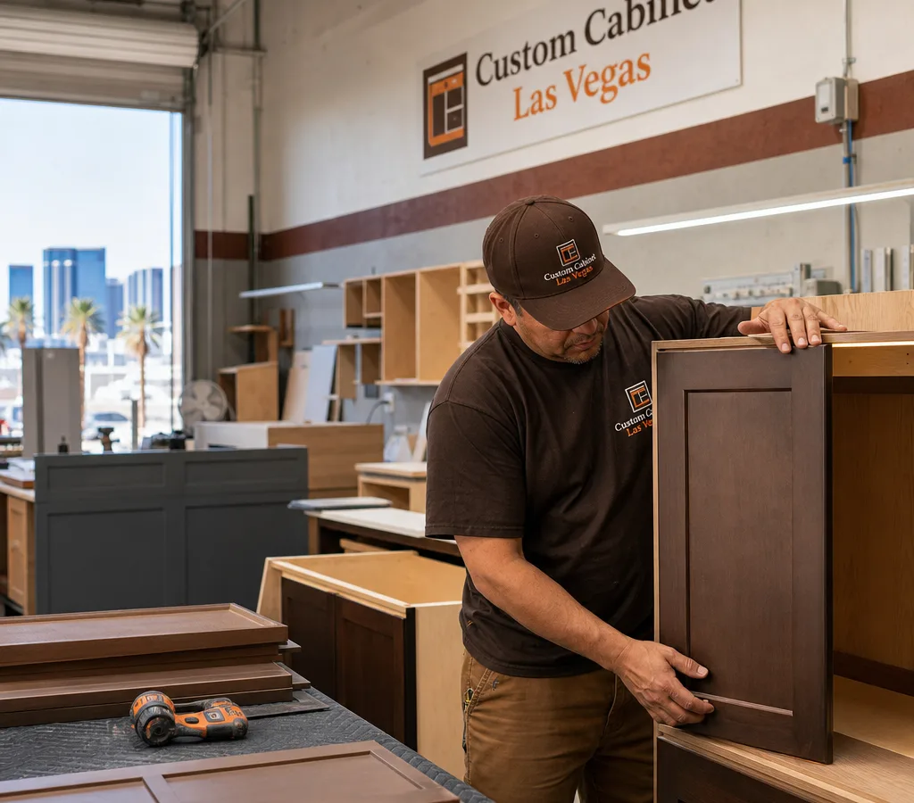 Cabinet maker fitting a custom cabinet door and checking reveal gaps in a Las Vegas workshop