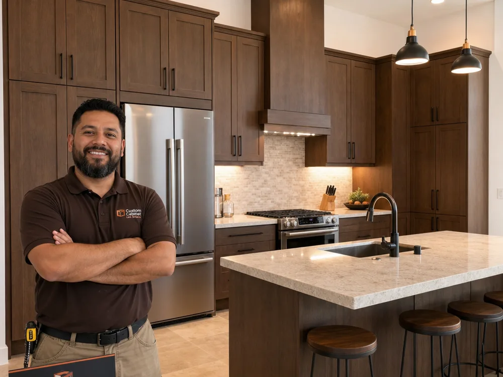 Finished Las Vegas kitchen with full-height cabinets, consistent door reveals, and a scribed pantry bank